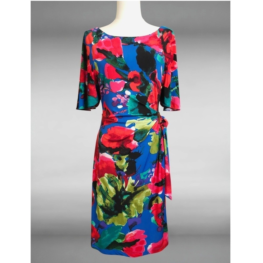 Tahari‎ Watercolor Floral Side Tie Sheath Dress Flutter Sleeve Stretch Size 4